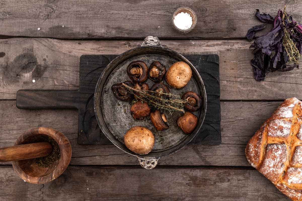 Close-up of a dark, seasoned cast iron cooking surface